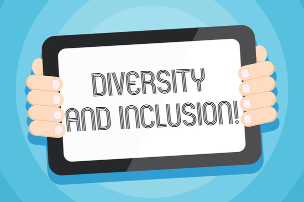 Text sign showing Diversity And Inclusion. Conceptual photo range huanalysis difference includes race ethnicity gender Color Tablet Smartphone with Blank Screen Handheld from the Back of Gadget. - Photo, Image