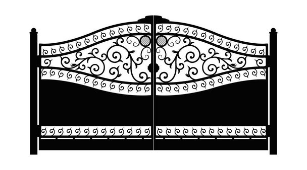 Выкованные ворота. Архитектурные детали. Черные кованые ворота с декоративной решеткой изолированы на белом фоне. Вектор S10
 - Вектор,изображение