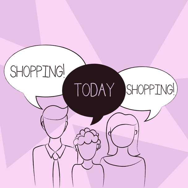 Conceptual hand writing showing Shopping. Business photo text Shopper customer purchase goods products store experience Family of One Child Between Father and Mother Speech Bubble. - Photo, Image