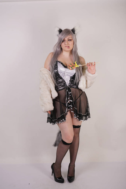 sexy mollige meisje meid transparante lingerie jurk en wolf oren met harige staart op witte achtergrond alleen te dragen - Foto, afbeelding