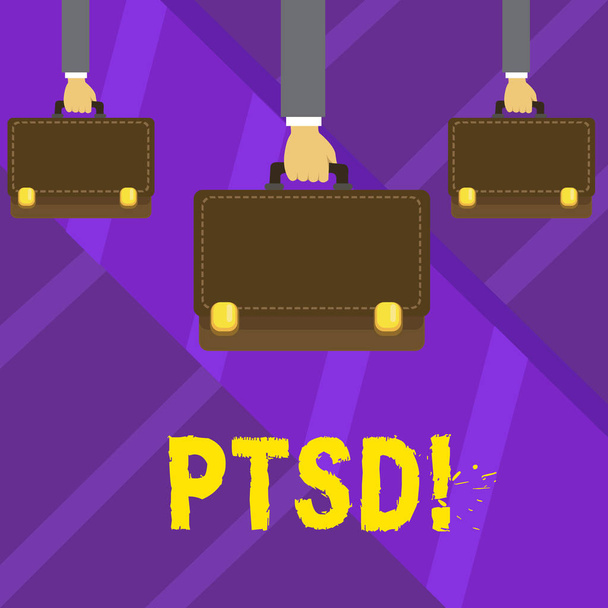 Writing note showing Ptsd. Business photo showcasing Post Traumatic Stress Disorder Mental Illness Trauma Fear Depression Hands Carrying Brown Briefcase with Running Style and Lock. - Photo, Image