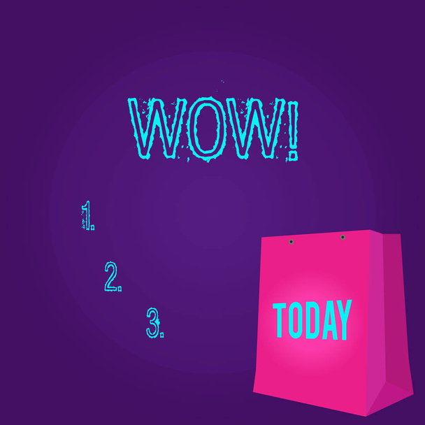 Word writing text Wow. Business concept for Expression of somebody speechless amazed overjoyed Color Gift Bag with Punched Hole but Without Handle on Twotone Blank Space. - Photo, Image