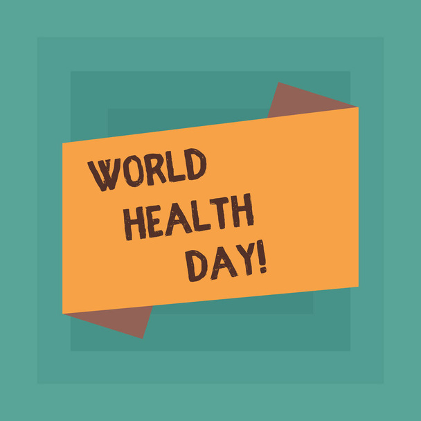 Kavramsal el Dünya Sağlık günü gösterilen yazma. Her yıl boş renk katlanmış afiş şerit düz stil duyuru Poster iş fotoğraf metin küresel sağlık farkındalık günü kutlanıyor. - Fotoğraf, Görsel