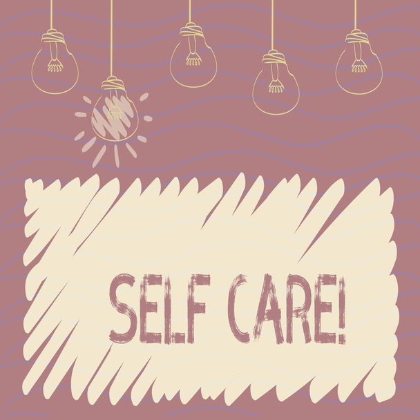 Handwriting text Self Care. Concept meaning practice of taking action preserve or improve ones own health Set of Transparent Bulbs Hanging with Filament and One is in Lighted Icon. - Photo, Image