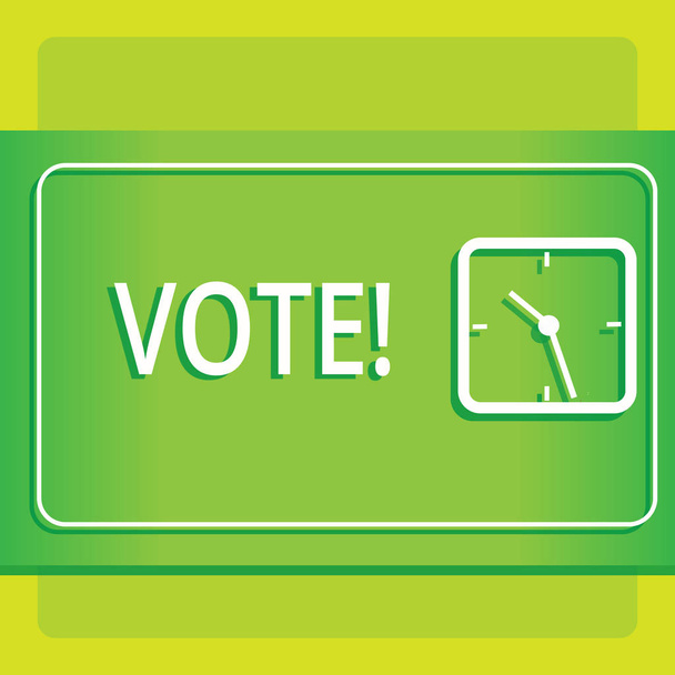 Κείμενο πινακίδα που δείχνει την ψηφοφορία. Εννοιολογική φωτογραφία Formalized απόφαση σχετικά με σημαντικά θέματα εκλογή σύγχρονο σχεδιασμό του διαφανή πλατεία αναλογικό ρολόι σε δύο τόνος παστέλ φόντο. - Φωτογραφία, εικόνα