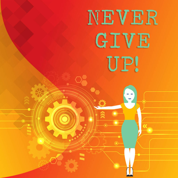 Word writing text Never Give Up. Business concept for Be persistent motivate yourself succeed never look back Woman Standing and Presenting the SEO Process with Cog Wheel Gear inside. - Photo, Image