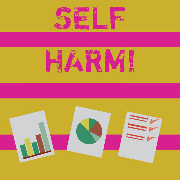 Word writing text Self Harm. Business concept for deliberate injury typically analysisifestation psychological Presentation of Bar, Data and Pie Chart Diagram Graph Each on White Paper. - Photo, Image