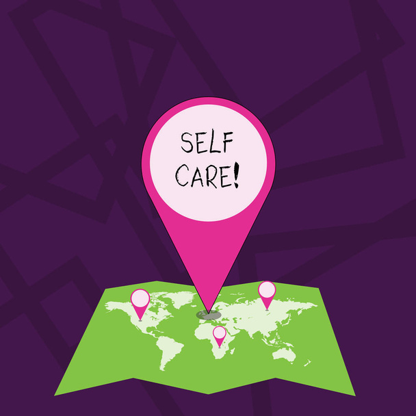Text sign showing Self Care. Conceptual photo practice of taking action preserve or improve ones own health Colorful Huge Location Marker Pin Pointing to an Area or GPS Address on Map. - Photo, Image