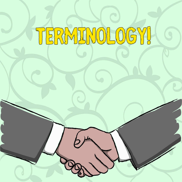 Handschrift-Text-Schreibterminologie. Konzept, d.h. Sammlung von Begriffen, die von Geschäftsleuten verschiedener Berufsgruppen verwendet werden, die sich als Geste der Begrüßung und Zustimmung fest die Hand schütteln.. - Foto, Bild