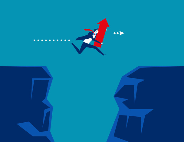 Businessman holding red arrow and jumping over cliffs. Concept b - Vector, Image