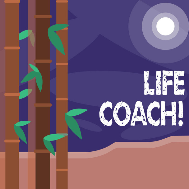 Sana kirjoittaa tekstiä Life Coach. Liiketoimintakonsepti osoittaa palveluksessa auttaa osoittamaan saavuttaa tavoitteensa uran värikäs sarjaa Leafy bambu vasemmalla puolella ja kuun tai auringon pyöreä palkki
. - Valokuva, kuva
