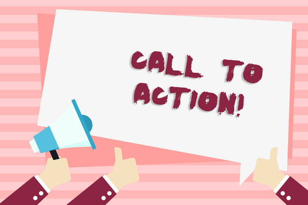 Handwriting text Call To Action. Concept meaning most important part of online digital marketing campaign Hand Holding Megaphone and Other Two Gesturing Thumbs Up with Text Balloon. - Photo, Image