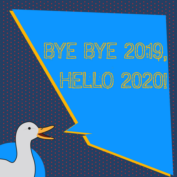 Hoşça kal Hoşça kal 2019 Merhaba 2020 gösterilen metin işareti. Geçen yıl veda ve ördek konuşma düzensiz şekli boş mavi konuşma balonu ile başka bir iyi bir fotoğraf karşılama kavramsal fotoğraf. - Fotoğraf, Görsel