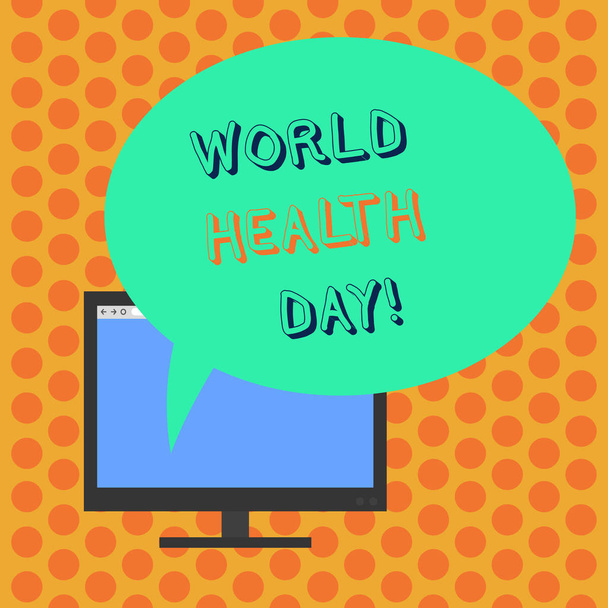 Megjegyzés: a bemutató egészségügyi világnap írás. Üzleti fénykép bemutatják a globális egészség világnapja ünneplik minden évben csatlakoztatott számítógép Monitor üres képernyő-val ovális színes beszéd buborék. - Fotó, kép