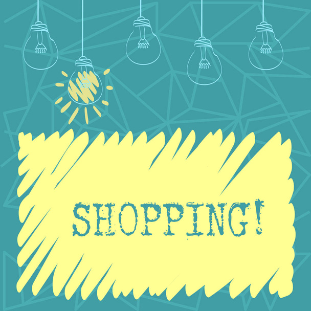Handwriting text Shopping. Concept meaning Shopper customer purchase goods products store experience Set of Transparent Bulbs Hanging with Filament and One is in Lighted Icon. - Photo, Image