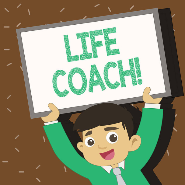Szöveg jel mutatja a Life Coach. Fogalmi fénykép bizonyítja foglalkoztatott, hogy segít elérni a célokat karrierjük fiatal mosolygó diák emelése felfelé üres keretezett faliújság feje fölött találat. - Fotó, kép