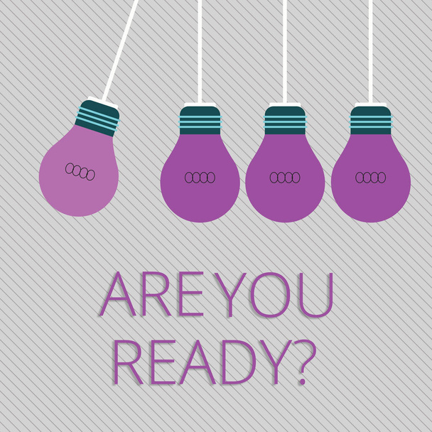 Word writing text Are You Readyquestion. Business concept for Prepare well to face upcoming business changes Color Incandescent Pendant Bulb Hanging with One Different Shade Lightbulb. - Photo, Image