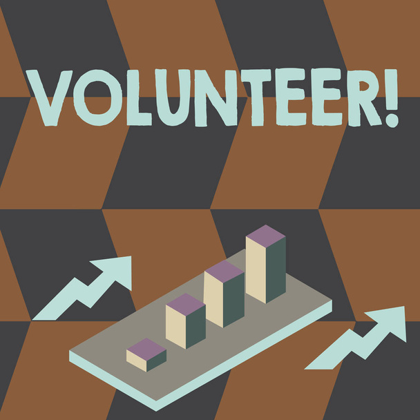 Writing note showing Volunteer. Business photo showcasing Volunteering individual for greater social cause serving others Clustered 3D Bar Chart Graph in Perspective with Two Arrows. - Photo, Image