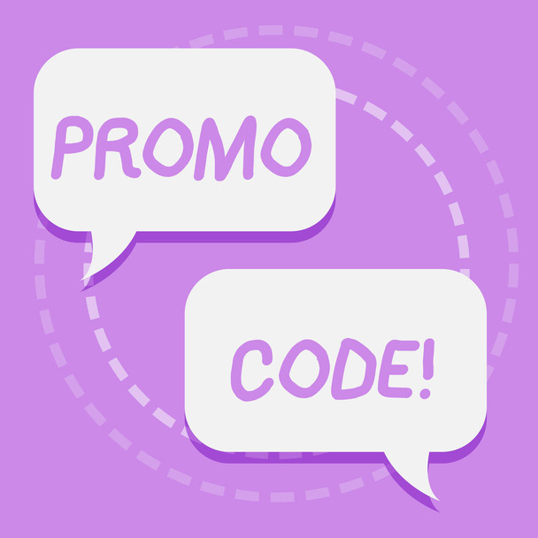 Handwriting text writing Promo Code. Concept meaning consisting letters numbers consumers can enter obtain discount Two Blank White Speech Balloon Engaging in Conversation on Pastel Backdrop. - Photo, Image