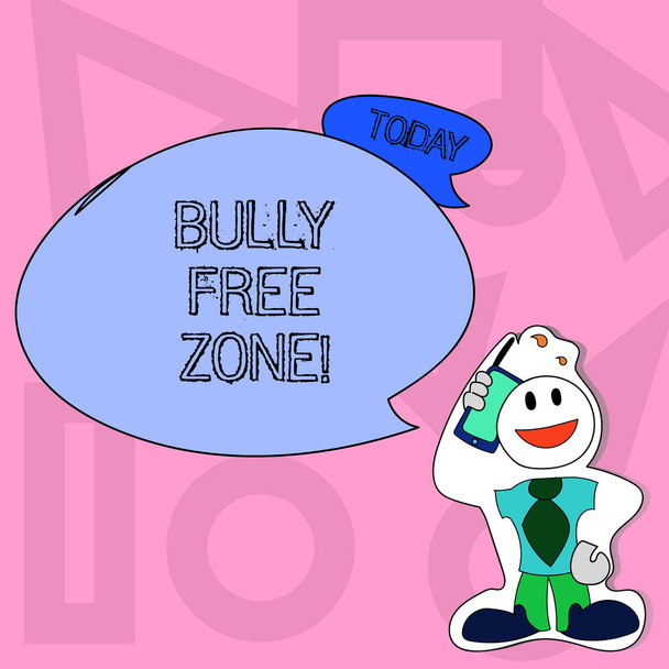 Conceptual hand writing showing Bully Free Zone. Business photo text creating abuse free school college life Man in Necktie Holding Smartphone to Head in Sticker Style. - Photo, Image