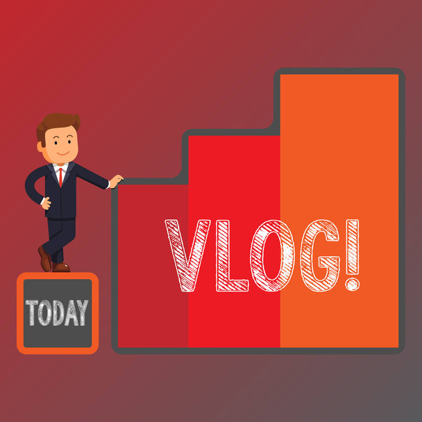 Conceptual hand writing showing Vlog. Business photo showcasing Entertaining multimedia self broadcasting news reporting stories Businessman Presenting Growth and Success in Graph Columns. - Photo, Image
