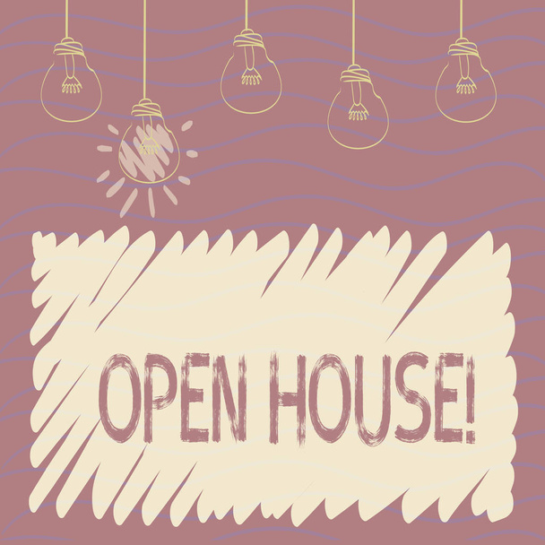 Handwriting text Open House. Concept meaning place or situation in which all visitors are welcome come Set of Transparent Bulbs Hanging with Filament and One is in Lighted Icon. - Photo, Image