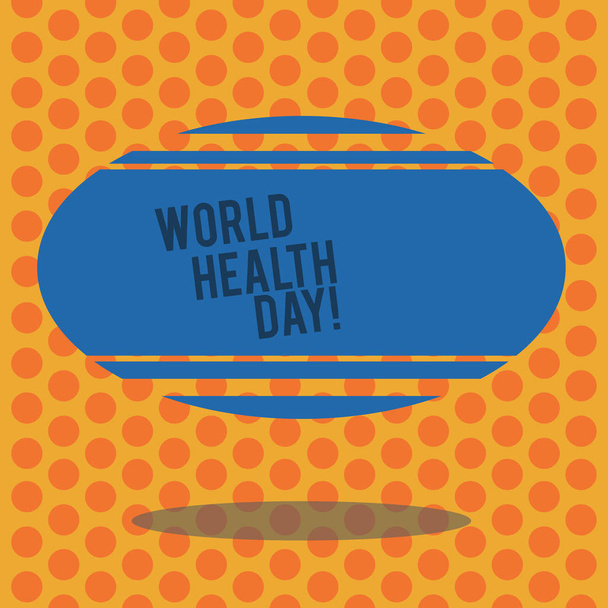 Kirjoitan lappua, jossa lukee Maailman terveyspäivä. Business valokuva esittelee Global terveystietoisuuden päivä vietetään vuosittain tyhjä väri soikea muoto vaaka raita kelluva ja varjo
. - Valokuva, kuva