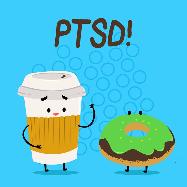 Handwriting text Ptsd. Concept meaning Post Traumatic Stress Disorder Mental Illness Trauma Fear Depression Carry Out Paper Cup with Lid and Sleeve Beside Doughnut with Frosting on Top. - Photo, Image