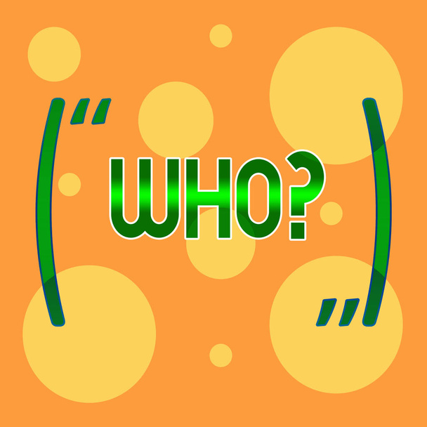 Signo de texto mostrando Whoquestion. Foto conceptual Preguntando por el nombre específico de alguien que muestra la demostratividad Diferentes tamaños de círculos amarillos en blanco al azar sobre fondo naranja pálido
. - Foto, imagen