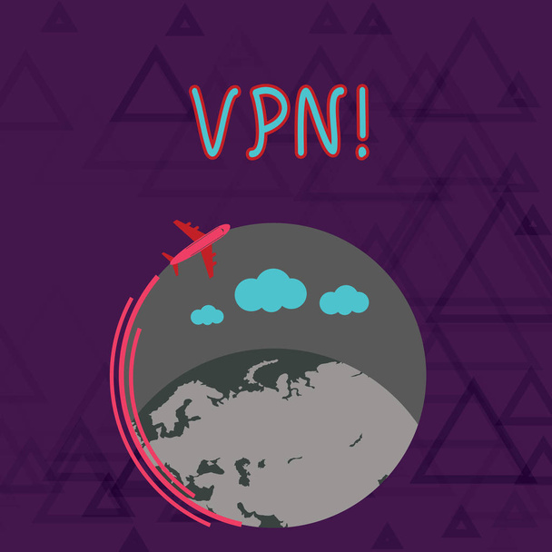 Writing note showing Vpn. Business photo showcasing Secured virtual private network across confidential domain protected Airplane Flying Around Colorful Globe and Blank Text Space. - Photo, Image