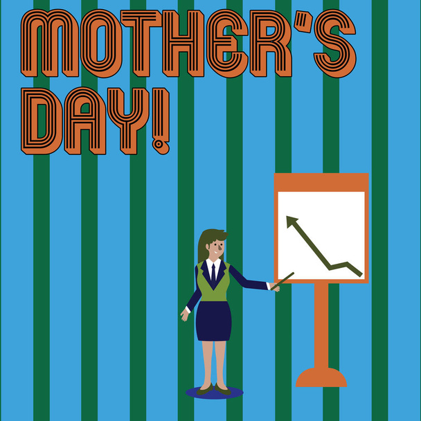 Uwaga: pisanie Wyświetlono dzień S matki. Biznesowe zdjęcie prezentujący dnia roku, gdzie matek szczególnie są honorowane przez dzieci kobieta trzymając kij wskazując na wykresie strzałką na tablicy. - Zdjęcie, obraz