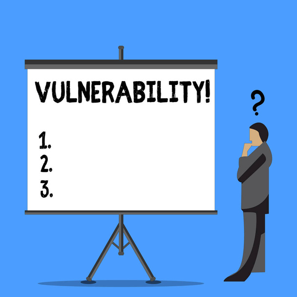 Word writing text Vulnerability. Business concept for Information susceptibility systems bug exploitation attacker Businessman with Question Mark Above his Head Standing Beside Blank Screen. - Photo, Image