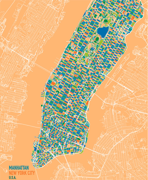 Mapa satélite de la ciudad de Nueva York, Isla Manhattan. Barrios y bloques de colores. Calles y centro de la ciudad. Vista satelital. Mapa de póster colorido. Estados Unidos
 - Vector, Imagen
