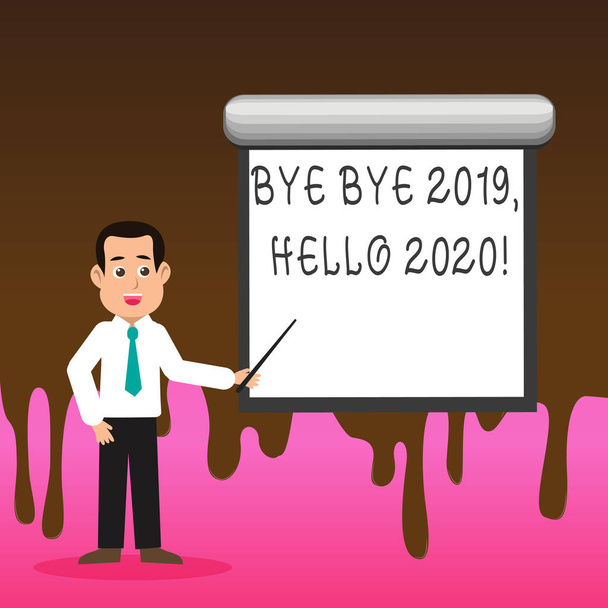 Fogalmi kézi írás, Bye Bye 2019 Hello 2020 mutatja. Üzleti fénykép szöveg búcsúznak tavaly, és barátságos egy másik jó egy férfi nyakkendő gazdaság Stick mutatva fehér képernyőn a fal. - Fotó, kép