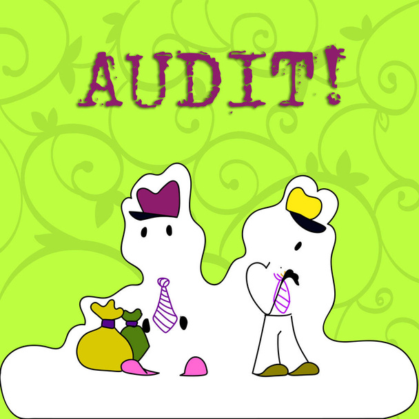 Conceptual hand writing showing Audit. Business photo showcasing Local company auditors perform their financial investigation annually Figure of Two Men Standing with Pouch Bag White Snow Effect. - Photo, Image
