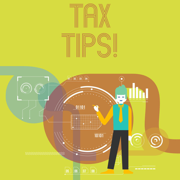 Writing note showing Tax Tips. Business photo showcasing compulsory contribution to state revenue levied by government Man Holding Pen Pointing to Chart Diagram SEO Process Icons. - Photo, Image