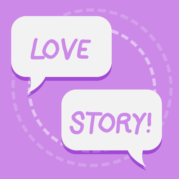 Manuscrito de texto escrevendo Love Story. Concept meaning novel about relationship between two demonstratings analysis Two Blank White Speech Balloon Engaging in Conversation on Pastel Backdrop
. - Foto, Imagem
