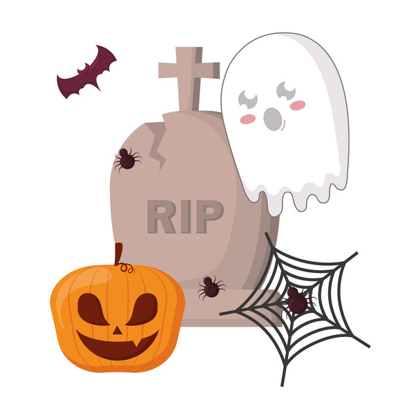 halloween pumpkin with gravestone and ghost - Vector, afbeelding