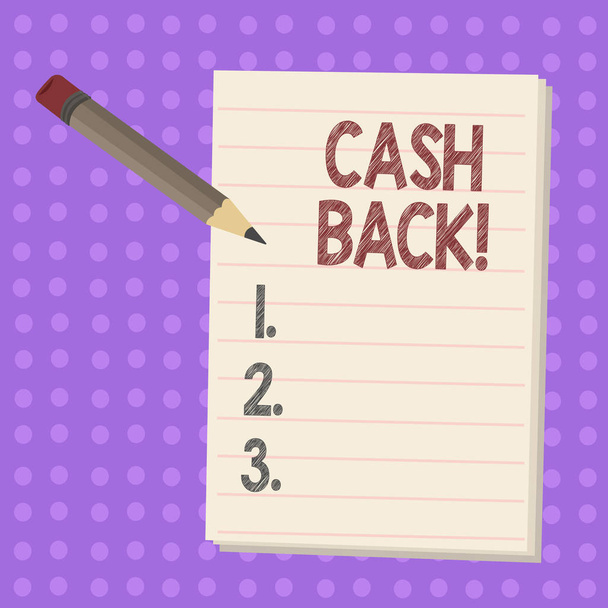 Writing note showing Cash Back. Business photo showcasing incentive offered buyers whereby receive money after purchasing Pencil with Eraser and Pad on Two Toned Polka Dot Background. - Photo, Image