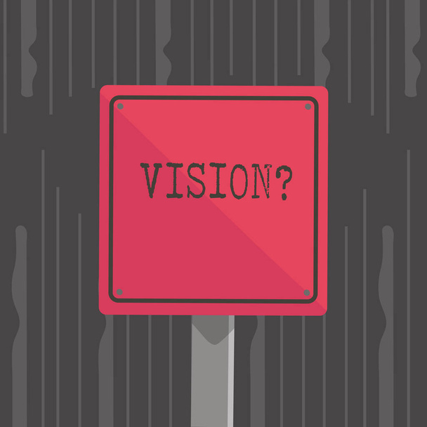 El yazısı metin Visionquestion. Şirketin taahhüt açıklayan gelecek gerçekçi anlam kavramı 3d Meydanı boş renkli uyarı yol işareti ile ahşap üzerine monte siyah kenarlık devlet. - Fotoğraf, Görsel