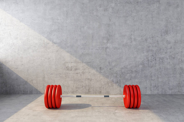 red sports barbell on the background of a concrete wall - Фото, зображення