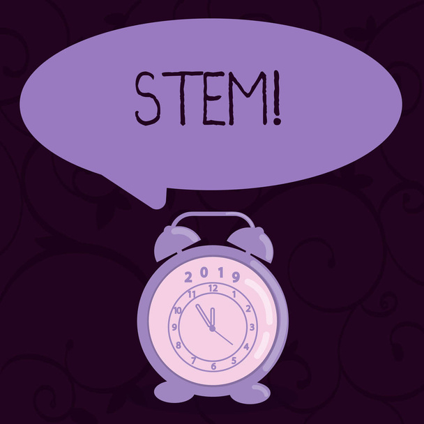 Conceptual hand writing showing Stem. Business photo text Development destruction of huanalysis embryos for science and research Speech Balloon Pastel Shade and Colorful Analog Alarm Clock. - Photo, Image