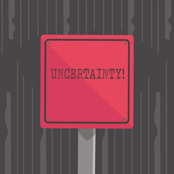 Handwriting text Uncertainty. Concept meaning Unpredictability of certain situations events behavior 3D Square Blank Colorful Caution Road Sign with Black Border Mounted on Wood. - Photo, Image