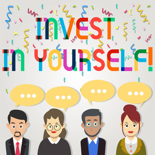 Text sign showing Invest In Yourself. Conceptual photo learn new things or materials thus making your lot better Group of Business People with Blank Color Chat Speech Bubble with Three Dots. - Photo, Image