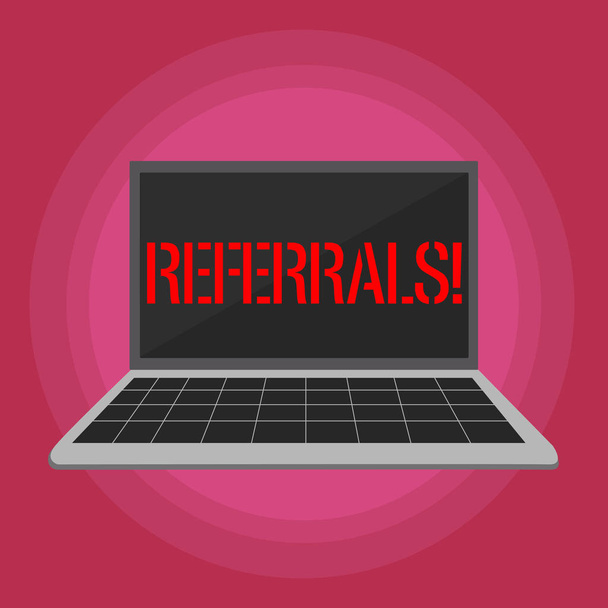 Text sign showing Referrals. Conceptual photo Act of referring someone or something for consultation review Laptop with Grid Design Keyboard and Blank Black Screen on Pastel Backdrop. - Photo, Image