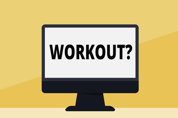 Word Writing Text Workoutfrage. Geschäftskonzept für Aktivität für Wellness-Bodybuilding-Training Ausübung Leerraum Desktop-Computer bunten Bildschirm freistehend auf dem Tisch. - Foto, Bild