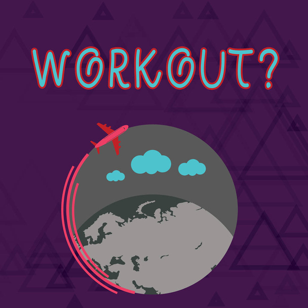 Writing note showing Workoutquestion. Business photo showcasing Activity for wellness bodybuilding training exercising Airplane Flying Around Colorful Globe and Blank Text Space. - Photo, Image