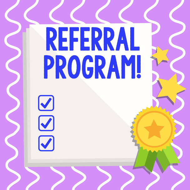 Conceptual hand writing showing Referral Program. Business photo text internal recruitment method employed by organizations White Sheet of Parchment Paper with Ribbon Seal Stamp Label. - Photo, Image