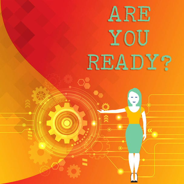 Word writing text Are You Readyquestion. Business concept for Prepare well to face upcoming business changes Woman Standing and Presenting the SEO Process with Cog Wheel Gear inside. - Photo, Image