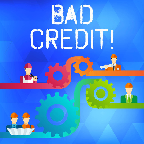 Text sign showing Bad Credit. Conceptual photo offering help after going for loan then getting rejected Cog Gear Setting Icon Connecting Men from Different Professional Character. - Photo, Image